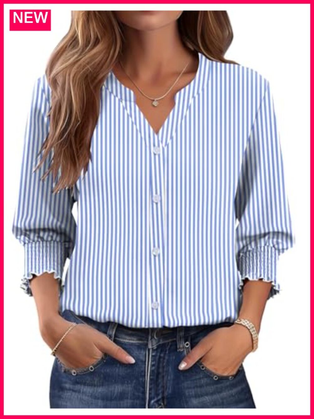 Womens 3/4 Sleeve V-Neck Button Down Blouse Lightweight Striped Shirt